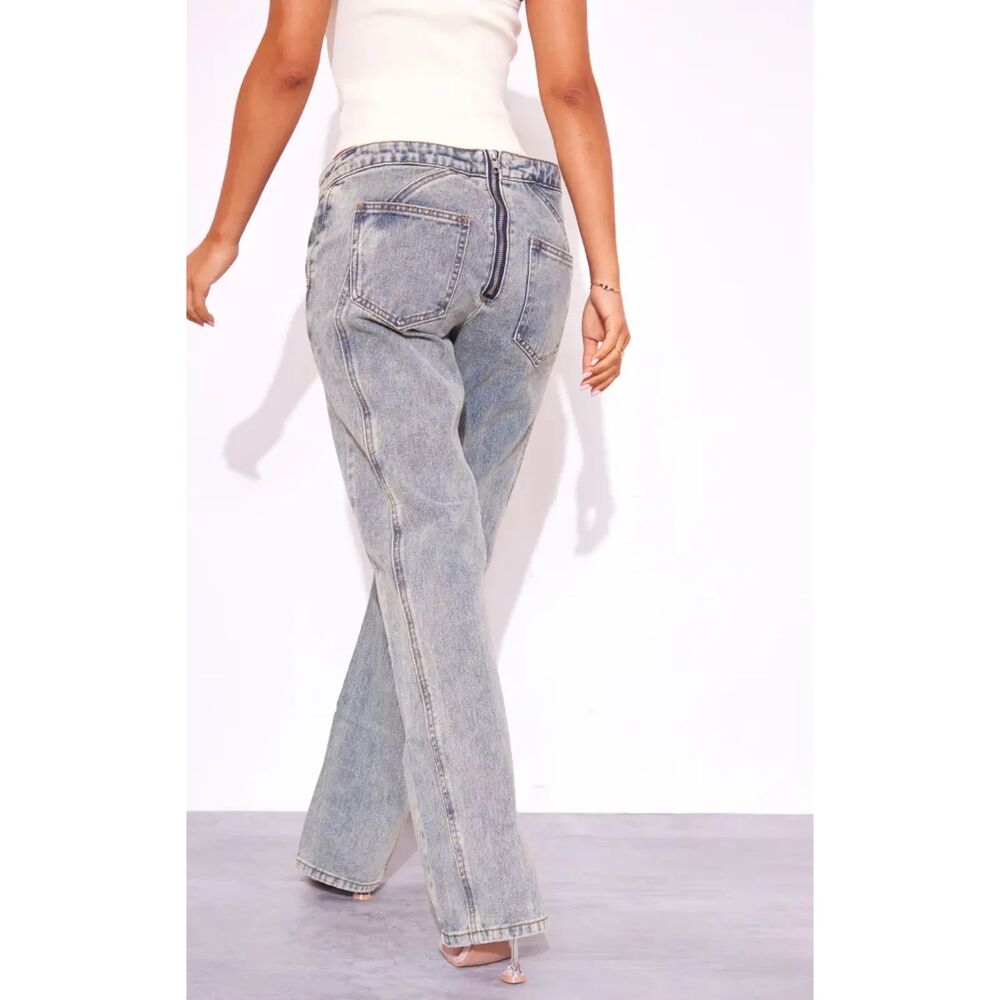 PLT Pretty Little Thing Jeans Foldover Waist Front Seams Size 0 Vintage Wash NEW - Picture 9 of 9